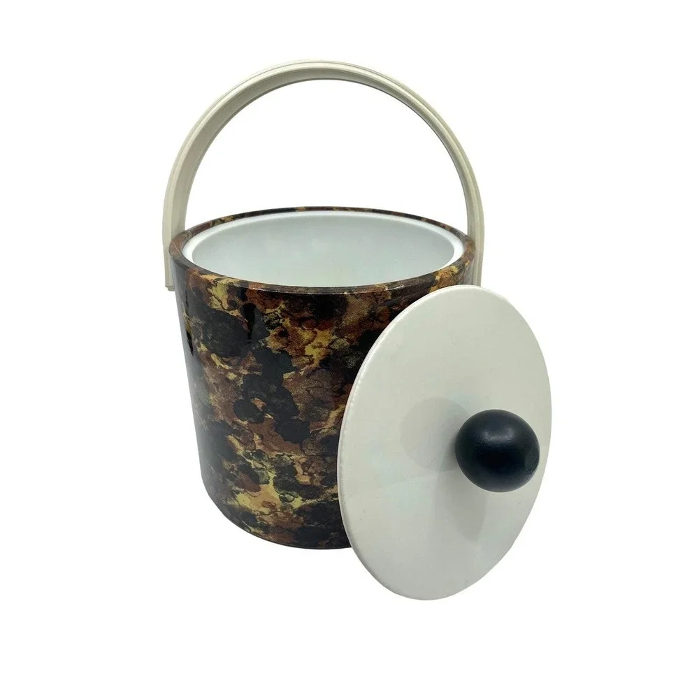 1970s Vintage Faux Tortoiseshell Ice Bucket Black  Knob Lid
